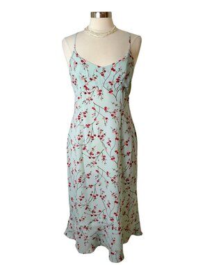 Vtg Express Womens 9/10 Dress Cherry Blossom Mint Green Y2K Cross-Back 90's